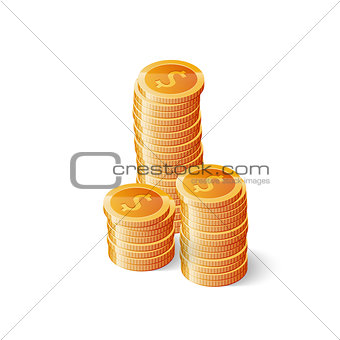 Stack of gold dollar coins isolated on white background. Isometric vector illustration