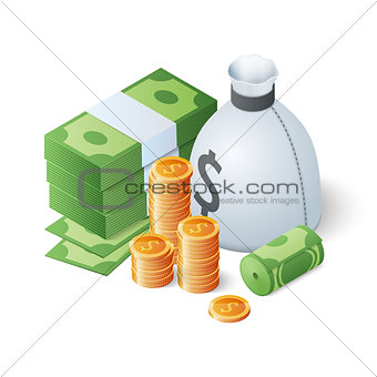 Pile of cash and gold coins. Isometric vector illustration