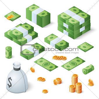 Big money set. Dollar bills and gold coins. Isometric vector illustration