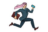Running Arab businessman isolated on white background