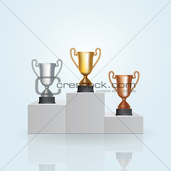 Pedestal with the cup winner of the first Gold , the second Silver and the third Bronze place on white background. Vector Illustration