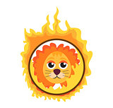Lion jumping through a ring of fire in the circus icon flat style , isolated on white background. Vector illustration.