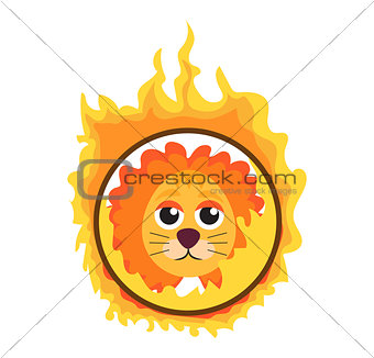 Lion jumping through a ring of fire in the circus icon flat style , isolated on white background. Vector illustration.