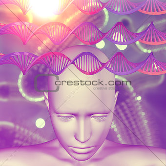3D medical image with female head, DNA strands and virus cells