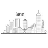 Boston city skyline - downtown cityscape, city landmarks in line