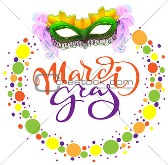 Carnival Mardi Gras mask and colored confetti. Lettering text greeting card template