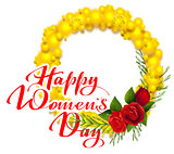 Happy womens day text greeting card. Yellow mimosa and red rose flower. Acacia flower wreath symbol of International Womens Day