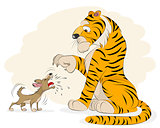 Dog barking at a tiger