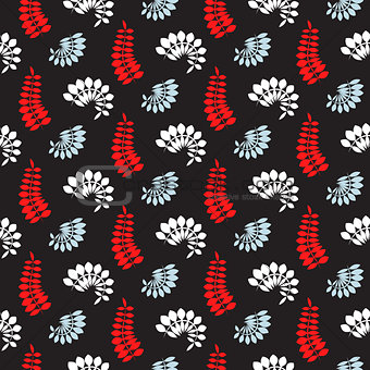 Fern dark blue and red leaves seamless vector pattern.