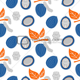 Blue and orange stylized walnut vector seamless pattern.