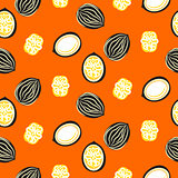 Blue and orange stylized walnut vector seamless pattern.