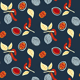 Blue and red stylized walnut vector seamless pattern.