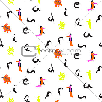 Brushed letters and exotic birds seamless vector pattern.