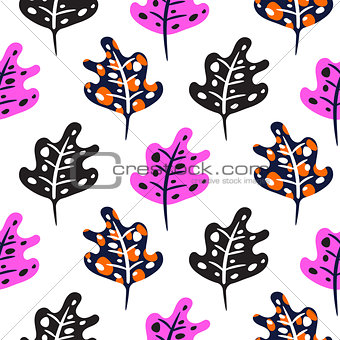 Artistic neon bright pink color leaves seamless pattern.
