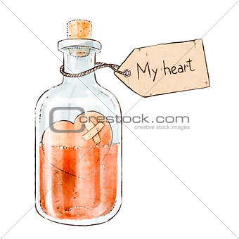 Romantic love potion in a heart shaped glass flask retro postcard for Valentine s Day. My heart lettering. Vector illustration