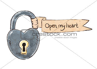 Romantic Valentines day lettering. Hand written padlock and Open my heart on the ribbon. Vector illustration.