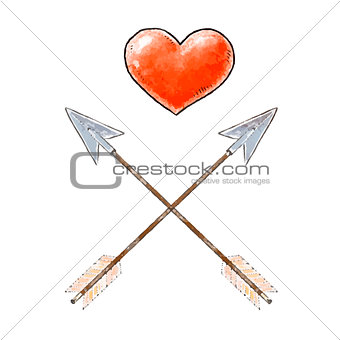 Hand drawn red heart and vintage arrows. Design elements for Valentines day. Vector illustration.