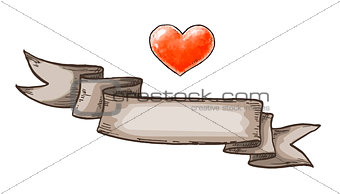 Hand drawn heart and vintage ribbon. Design elements for Valentines day. Vector illustration.