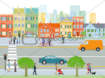 City with traffic and pedestrians, illustration
