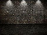3D grunge interior with tiled floor and metal walls and spotligh