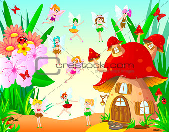 Fairies fly around the mushroom house
