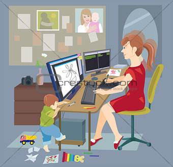 Young mother, woman working from home, freelancer
