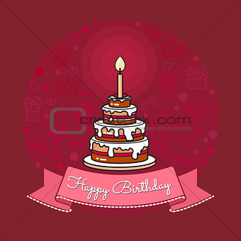 Vector Happy Birthday card. Big Cake with candle.