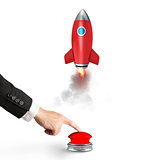 Businessman launches rocket pushing a red button. 3D Rendering