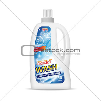 White container bottle with label. Laundry detergent package design. Chemical bottle isolated in 3d illustration.