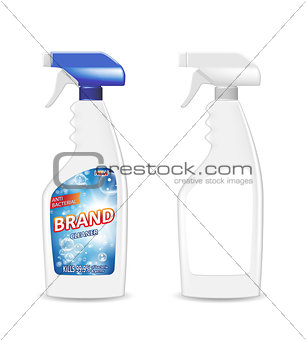 Spray Pistol Cleaner Plastic Bottle with detergent for bathroom. Bathroom cleaner ad. Spray Bottle mockup. Realistic 3d illustration.