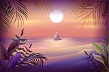 Night landscape of tropical island. Palm trees, beach, sea and sailboat
