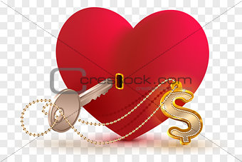 Money dollar is key to heart of your beloved. Red heart shape lock and key with key ring home