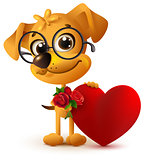 Fun yellow dog with bouquet of red rose. Red heart gift for Valentines Day