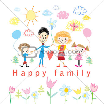 Cartoon baby drawing happy family