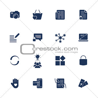 Different simple universal icons for sites, apps, programs. Camera, messenger, laptop, social network, lock and other.