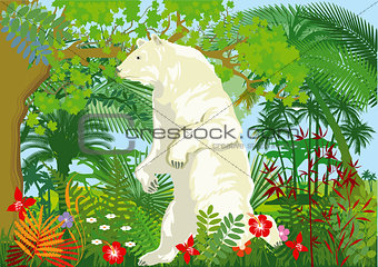 Global warming with polar bear in the jungle, illustration