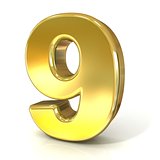 Numerical digits collection, 9 - NINE. 3D golden sign