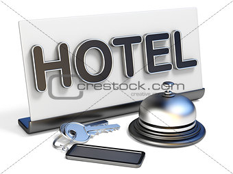 Hotel bell, sign and hotel keys 3D