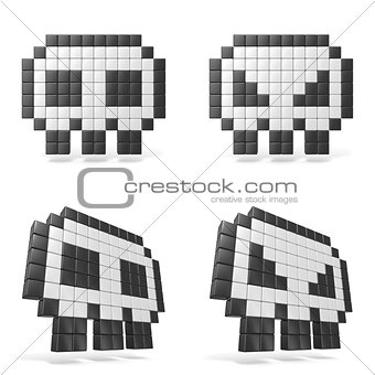 Pixelated 8bit skull icon. Front view. 3D