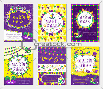 Mardi Gras carnival set poster, invitation, greeting card. ollection templates for your design with mask feathers. Festival, Holiday in New Orleans. Fat Tuesday background. Vector illustration.