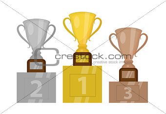 Gold Cup champion on the pedestal, the first place. Winner s podium with gold, silver and bronze trophy. Isolated on white background. Vector illustration.