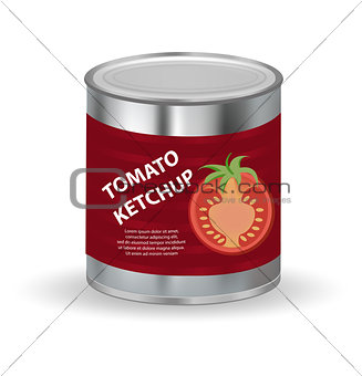 Tomato ketchup, tomato paste in a tin can, 3d realistic style. Canned red sauce. Mock-up for your product design. Vector illustration.