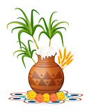 Happy pongal greeting card. Holiday India. Festival of harvesting celebrations with rice in traditional mud pot, sugarcane, marigold or genda or zendu flower on colorful rangoli. Vector illustration.