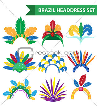Brazil Feather Headband Headdress icons flat style. Headpiece Carnival, Samba Festival headwear. Isolated on white background. Vector illustration.