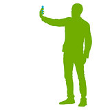 Silhouettes man taking selfie with smartphone on white background. Vector illustration