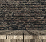 3D wooden table against defocussed brick wall