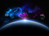 3D abstract space scene with fictional planets