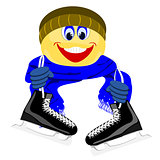 Emoji holding black skates around neck