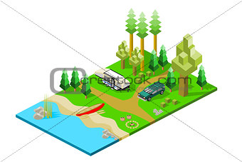Isometric Camper and SUV in woods