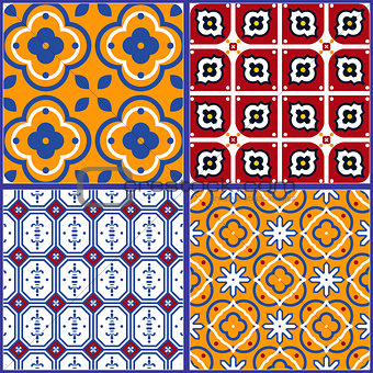 Blue and yellow spanish seamless ceramic tile pattern.
